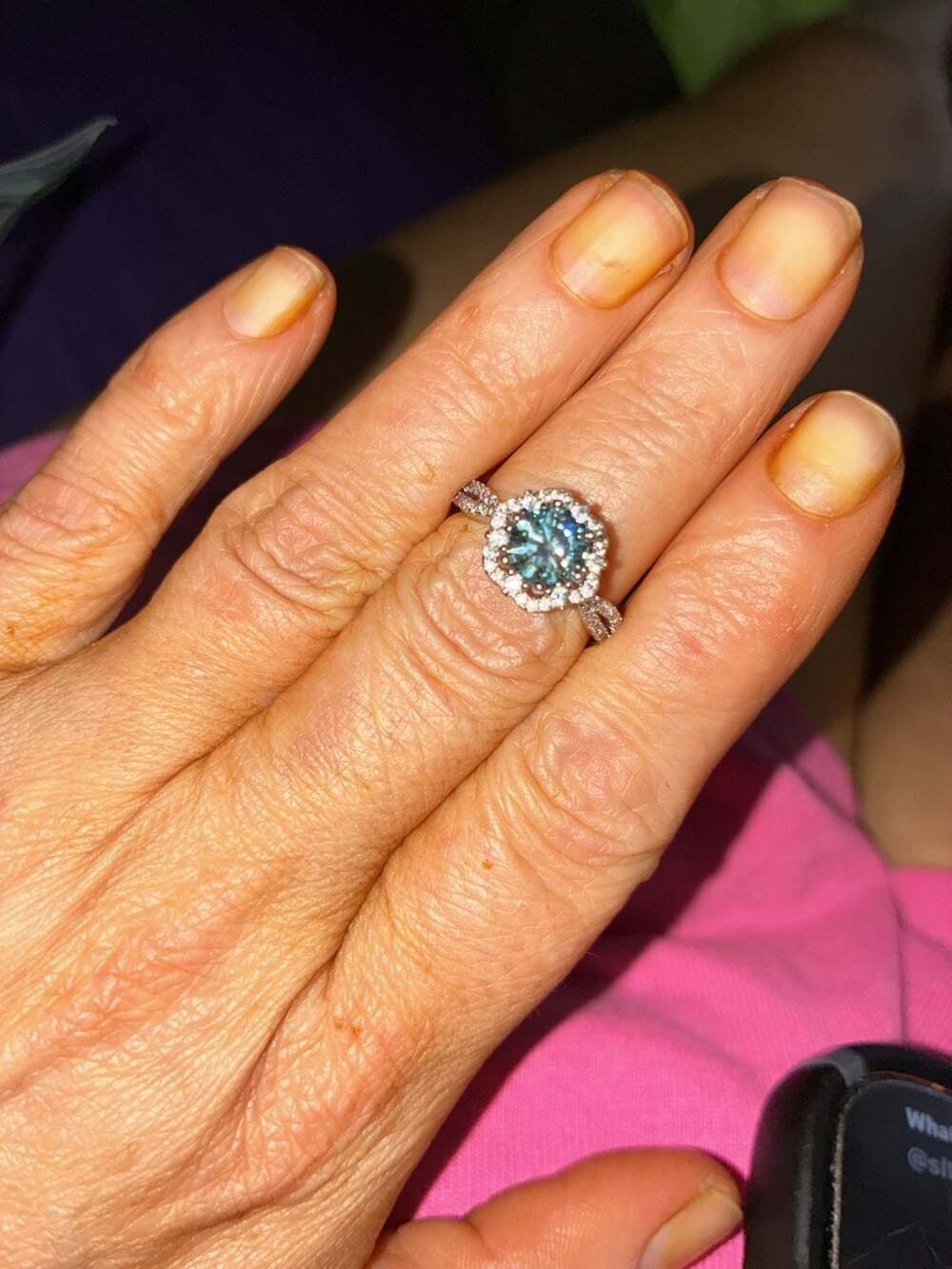 Round Cut Cyan Blue Moissanite Floral Halo Engagement Ring in White Gold